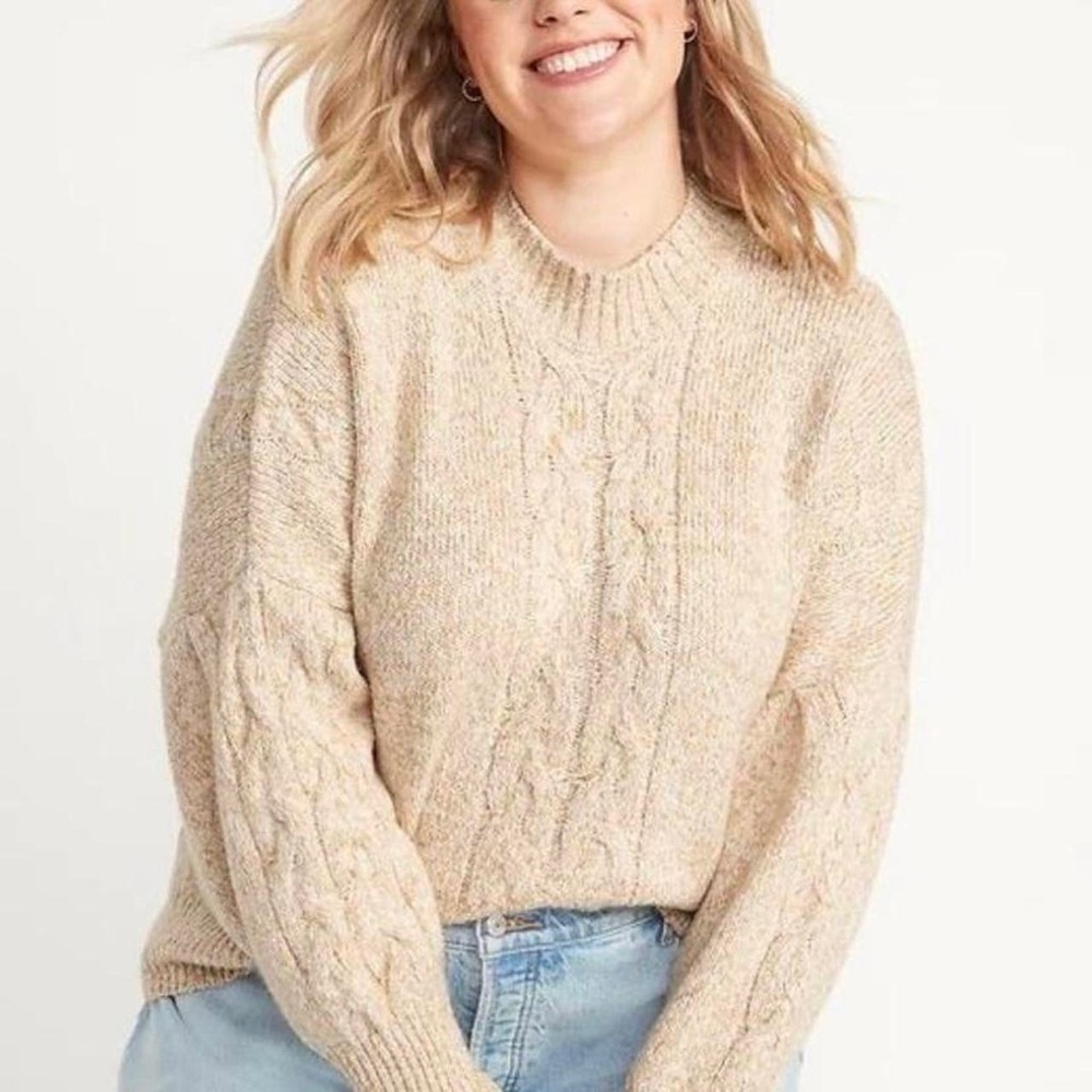BNWT Old Navy Beige Oatmeal Mock-Neck Heathered Cable-Knit Sweater Size Large​​